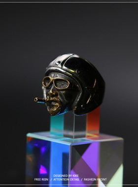 飞行员头像戒指美国大兵抽烟66号公路钛钢材质男女嘻哈hiphop饰品