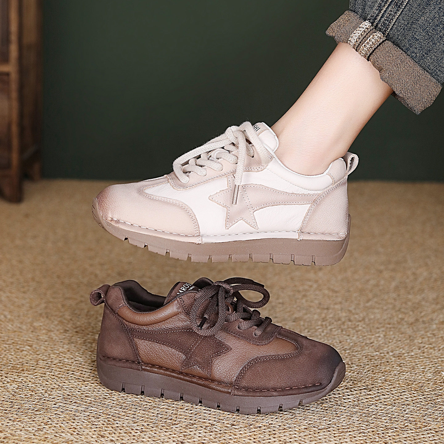 头层牛皮运动休闲鞋女2026春季新款平底复古透气德训鞋单鞋,女鞋,时尚休闲鞋,淘宝优惠券,粉丝福利购,淘宝优惠卷