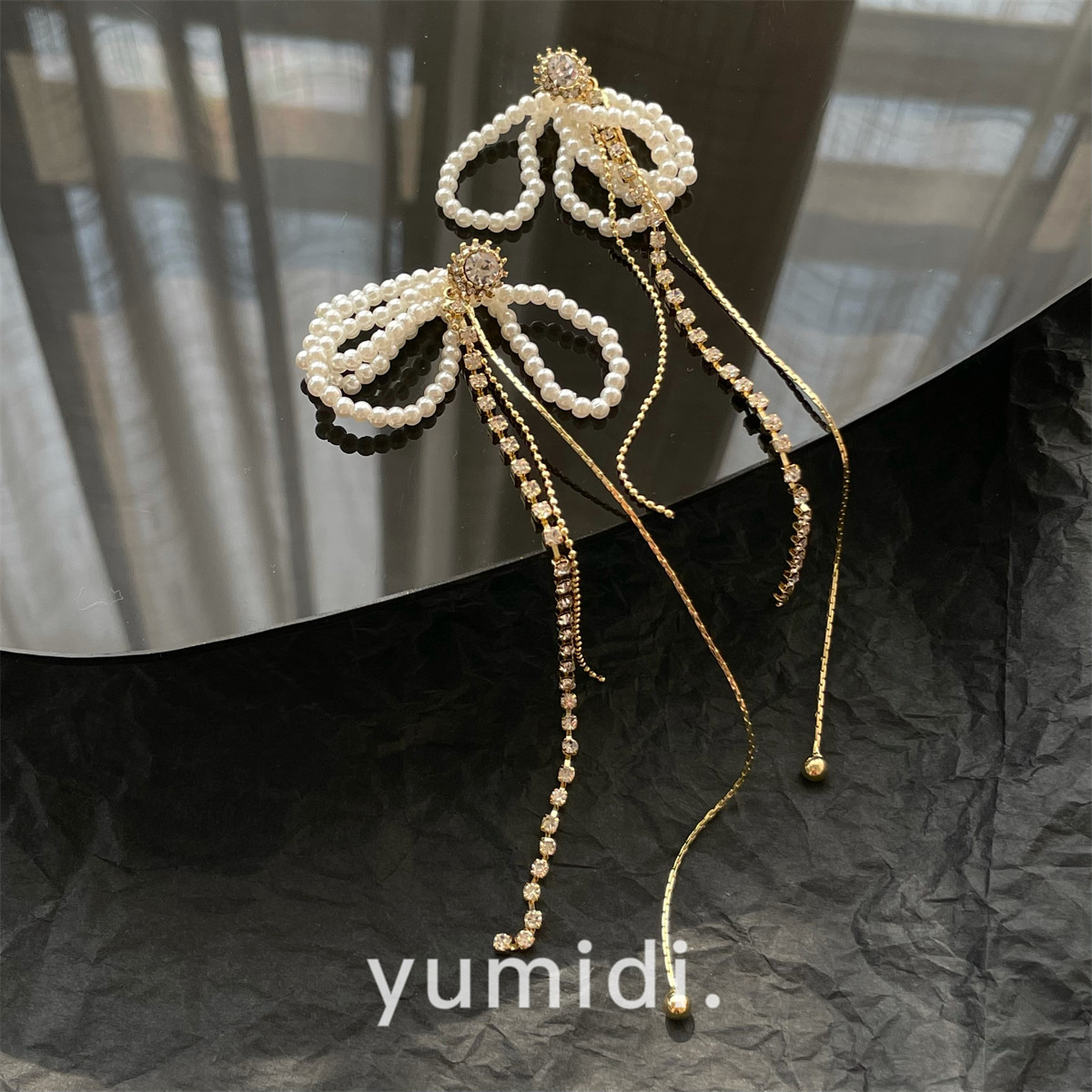 yumidi/梦蝶 超仙超闪多层珍珠水钻链条长款显瘦耳环度假约会耳坠