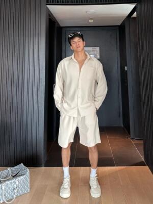 光膀子哥宽松衬衫短裤时尚套装