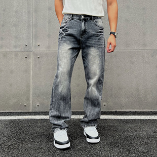 复古高街水洗做旧泛白直筒显瘦百搭牛仔裤 美式 男 彪悍猛男 JZD