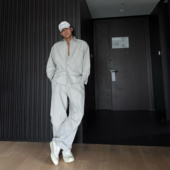 秋季 美式 套装 JZD 高街时尚 深灰 衬衫 休闲松弛感长袖 浅杏 长裤 男