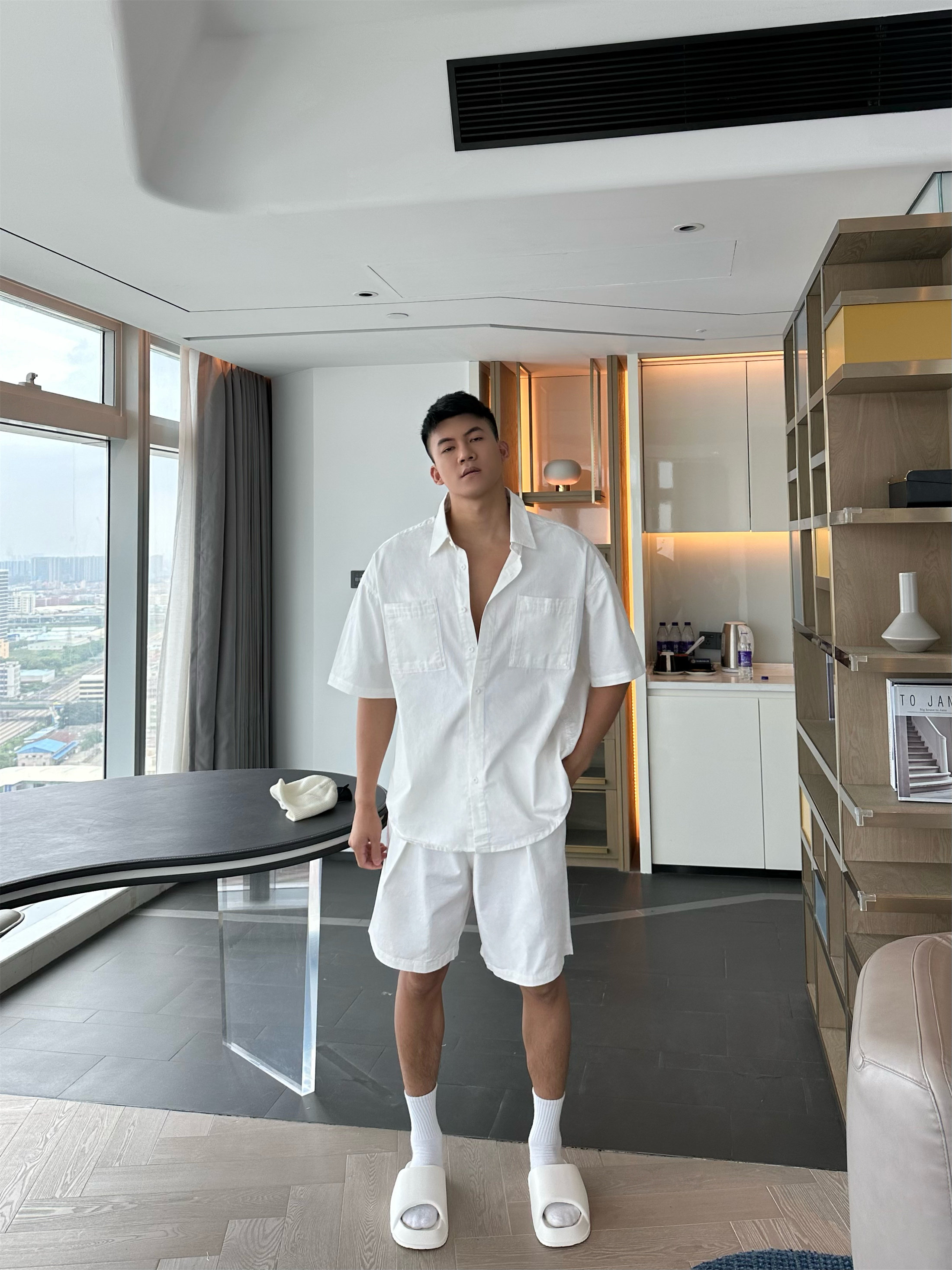 JZD【夏装穿搭】美式高街休闲时尚套装 挺括宽松短袖衬衫短裤男