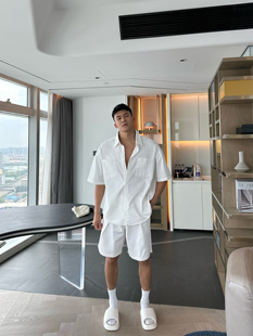 JZD【夏装穿搭】美式高街休闲时尚套装 挺括宽松短袖衬衫短裤男