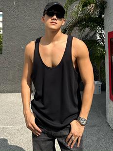白 低胸显肌肉宽松休闲无袖 黑 高街运动弹力背心 T恤男 美式 JZD