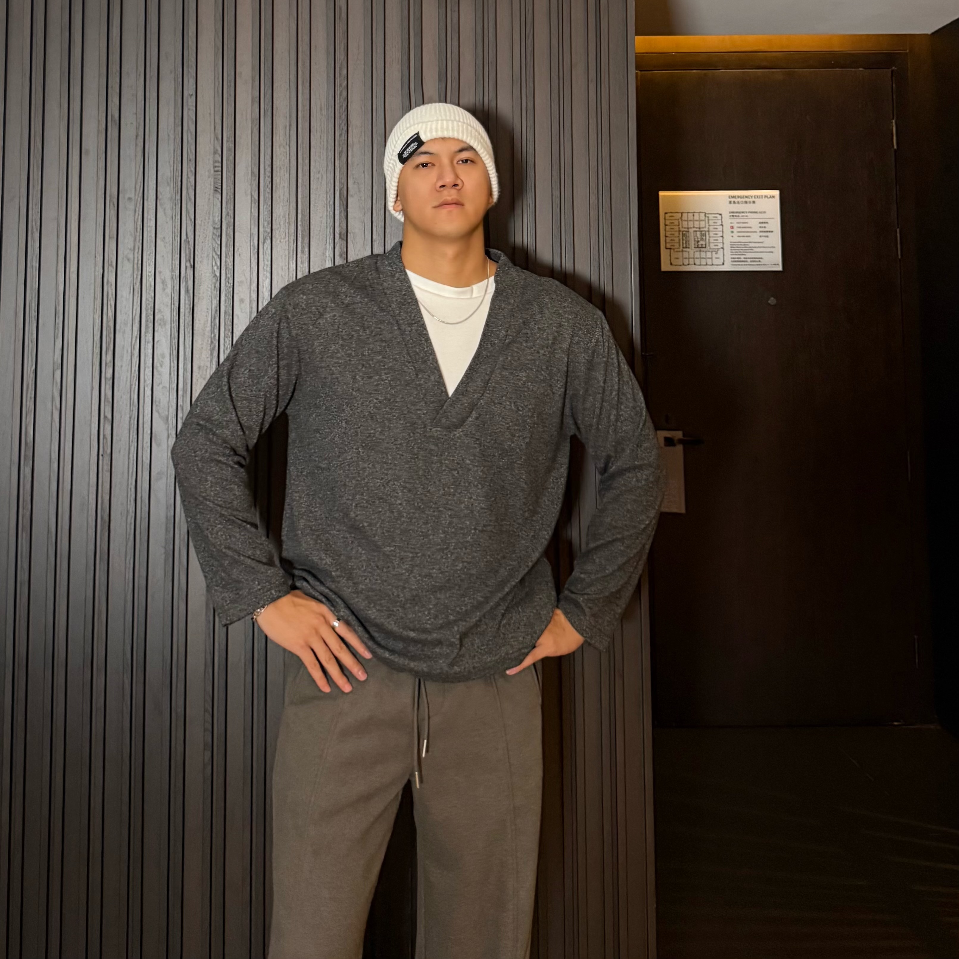 JZD美式复古假两件宽松长袖T恤男