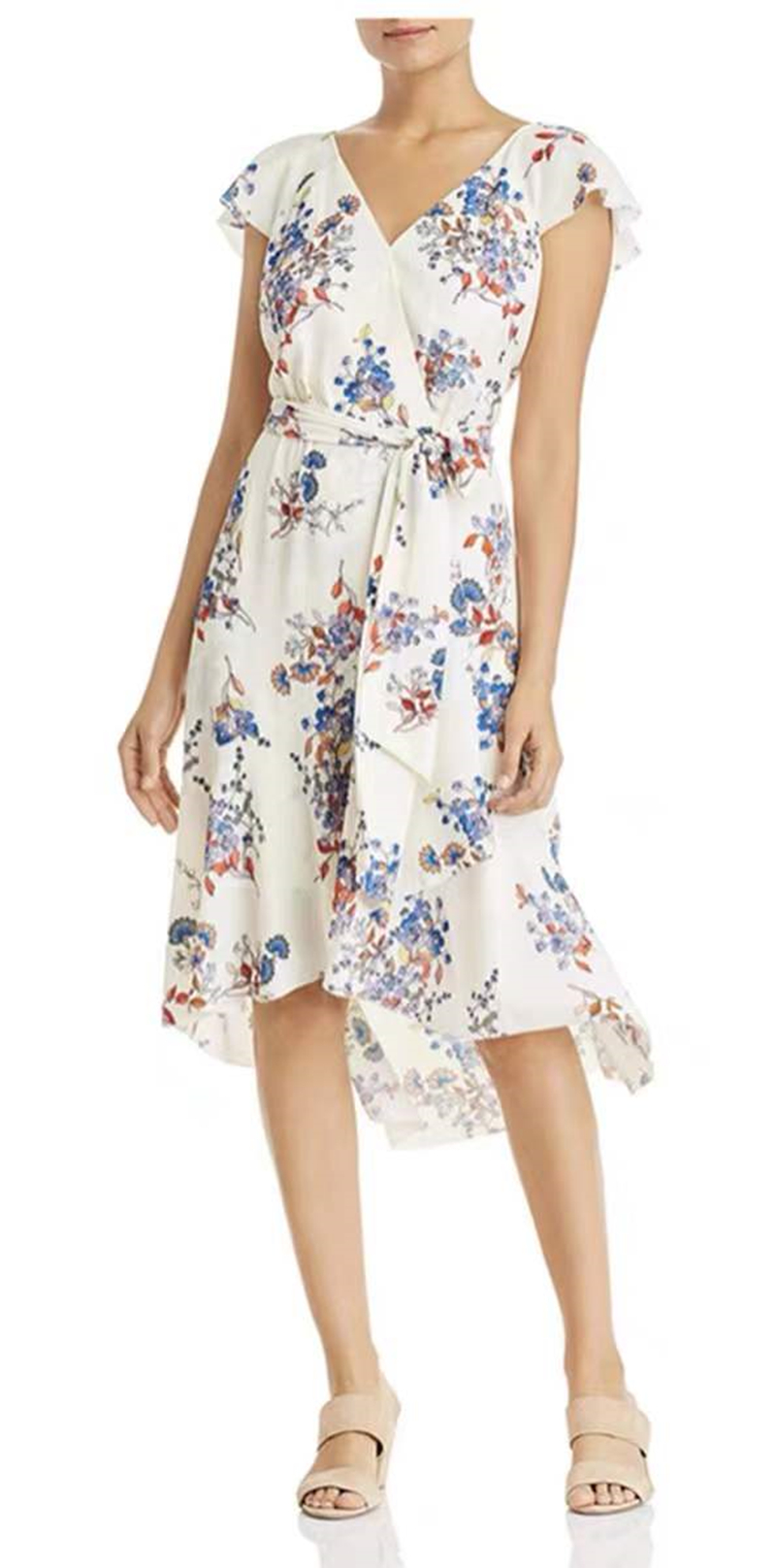 女式纯元ELL白色碎花印花下摆V领裹身高腰系带特价捡漏品质连衣裙