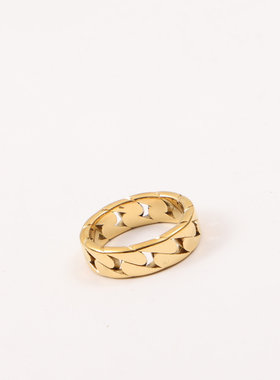 欧美时尚新款小众设计钛钢镀18K金链条镂空戒指指环女款中指食指