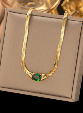 新款时尚轻奢显气质绿色钛钢镀金项链锁骨链短款百搭气质蛇骨链女