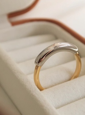 金银拼色设计感光面戒指 欧美ins简约时尚中性镀金指环女中指食指