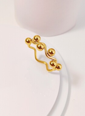 日韩时尚设计波浪珠珠戒指女款气质流行个性钛钢指环中指食指百搭