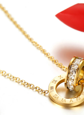 欧美个性潮女罗马数字带钻双环项链锁骨链短款钛钢镀18K金配饰女