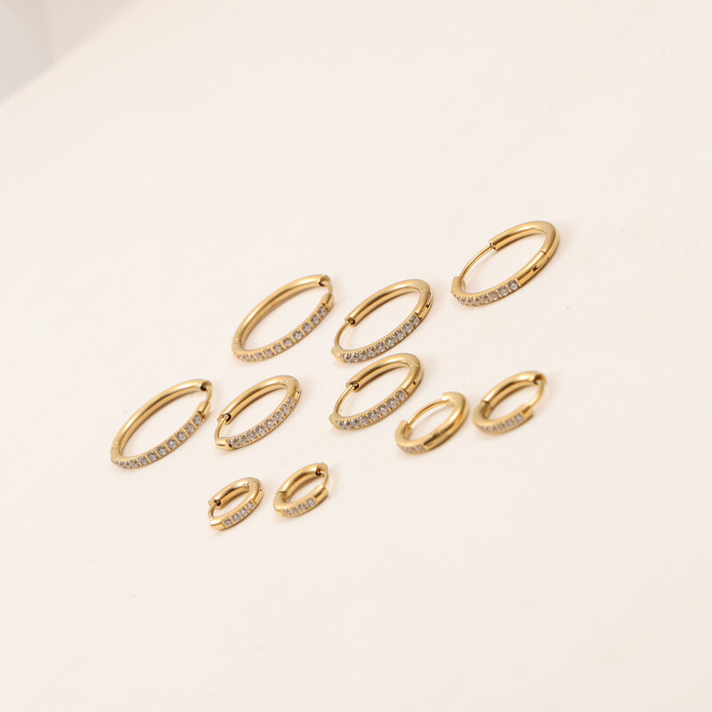 宫廷风法式复古Hoop风迷你小巧镶钻锆石耳环钛钢镀金耳扣百搭气质