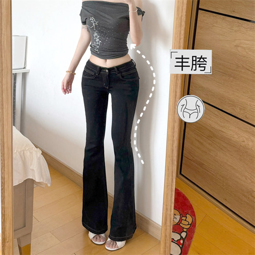 丰胯黑色金线刺绣牛仔微喇叭裤女