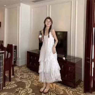 甜美蕾丝蛋糕裙海边度假风沙滩气质显瘦长裙 白色吊带连衣裙女夏季