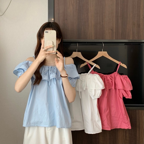 Real shot and real price sweet girl's one-shoulder ruffled short-sleeved shirt top