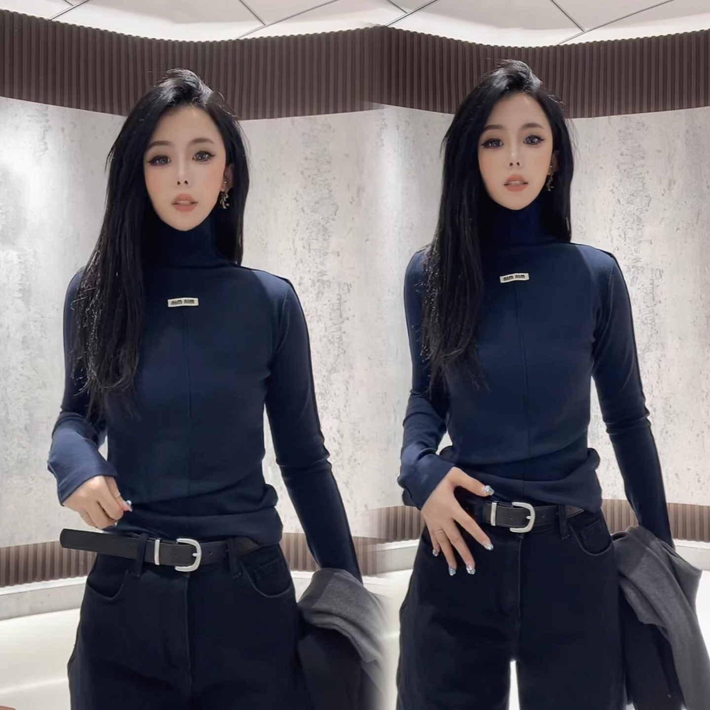 欧货纯色小标高领长袖T恤打底衫