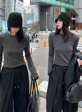港风复古条纹显瘦百搭长袖T恤女