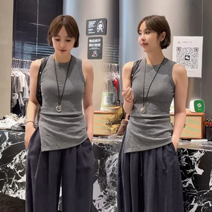 欧货2026夏季褶皱收腰工字背心女不规则开叉无袖修身显瘦外搭上衣
