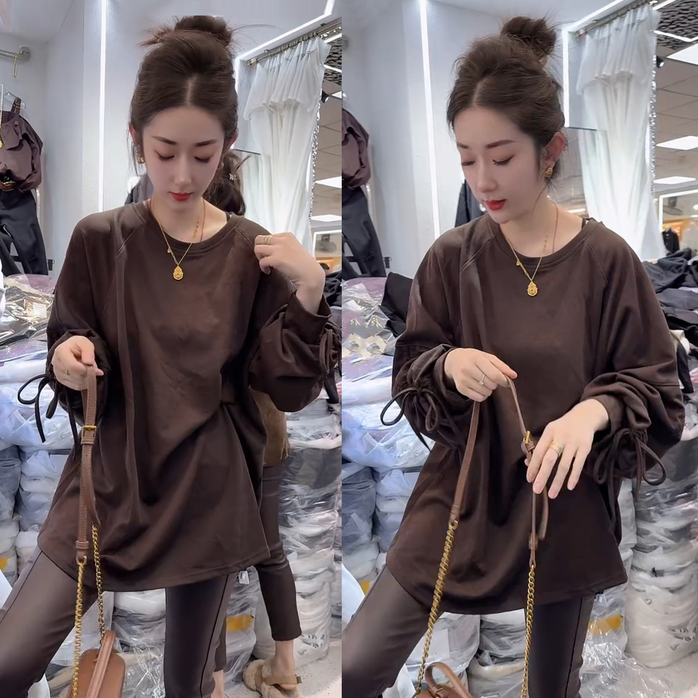 欧货秋季新款抽绳褶皱长袖T恤女