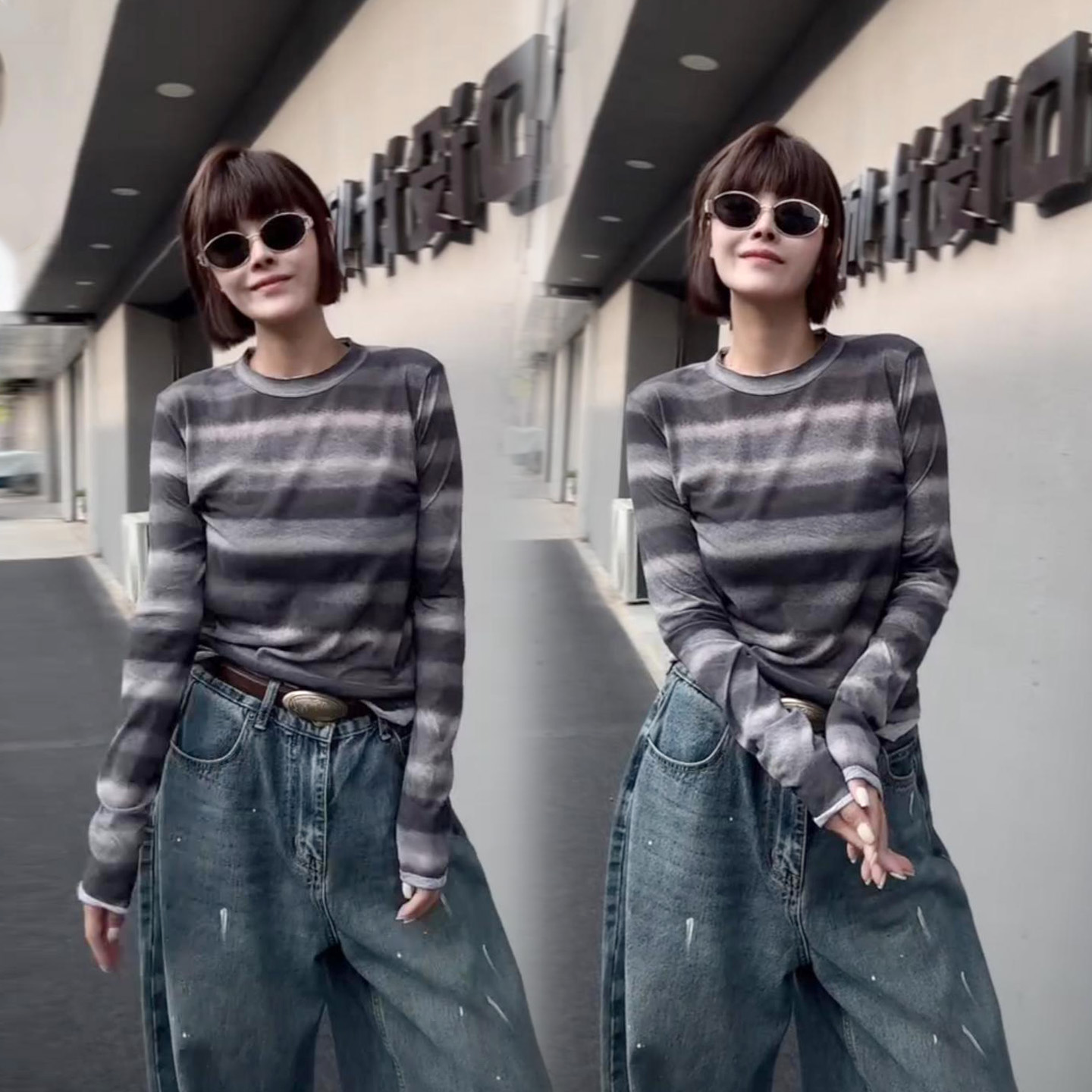 欧货复古印染长袖打底衫T恤女