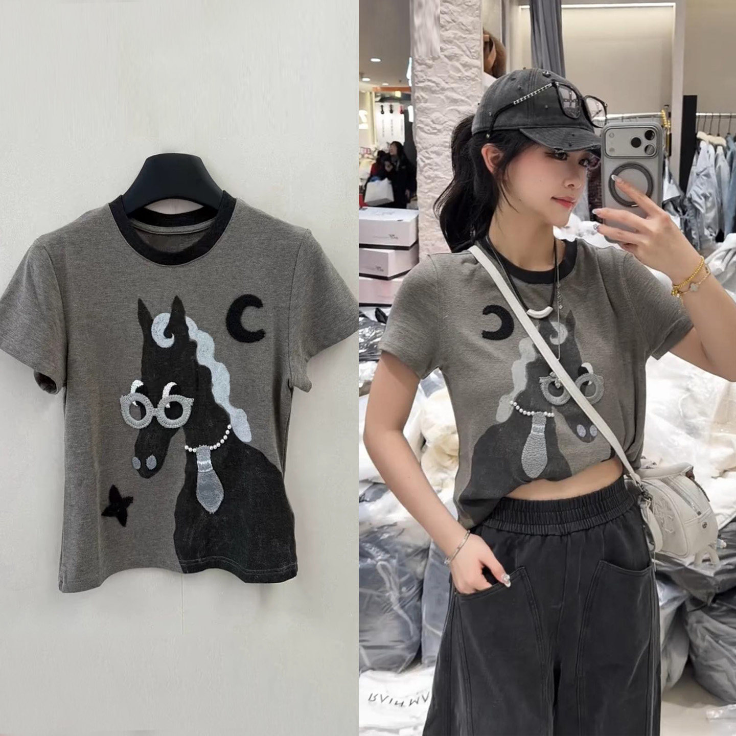 欧货2026新款复古印花眼镜小马短袖T恤女洋气修身百搭设计感上衣