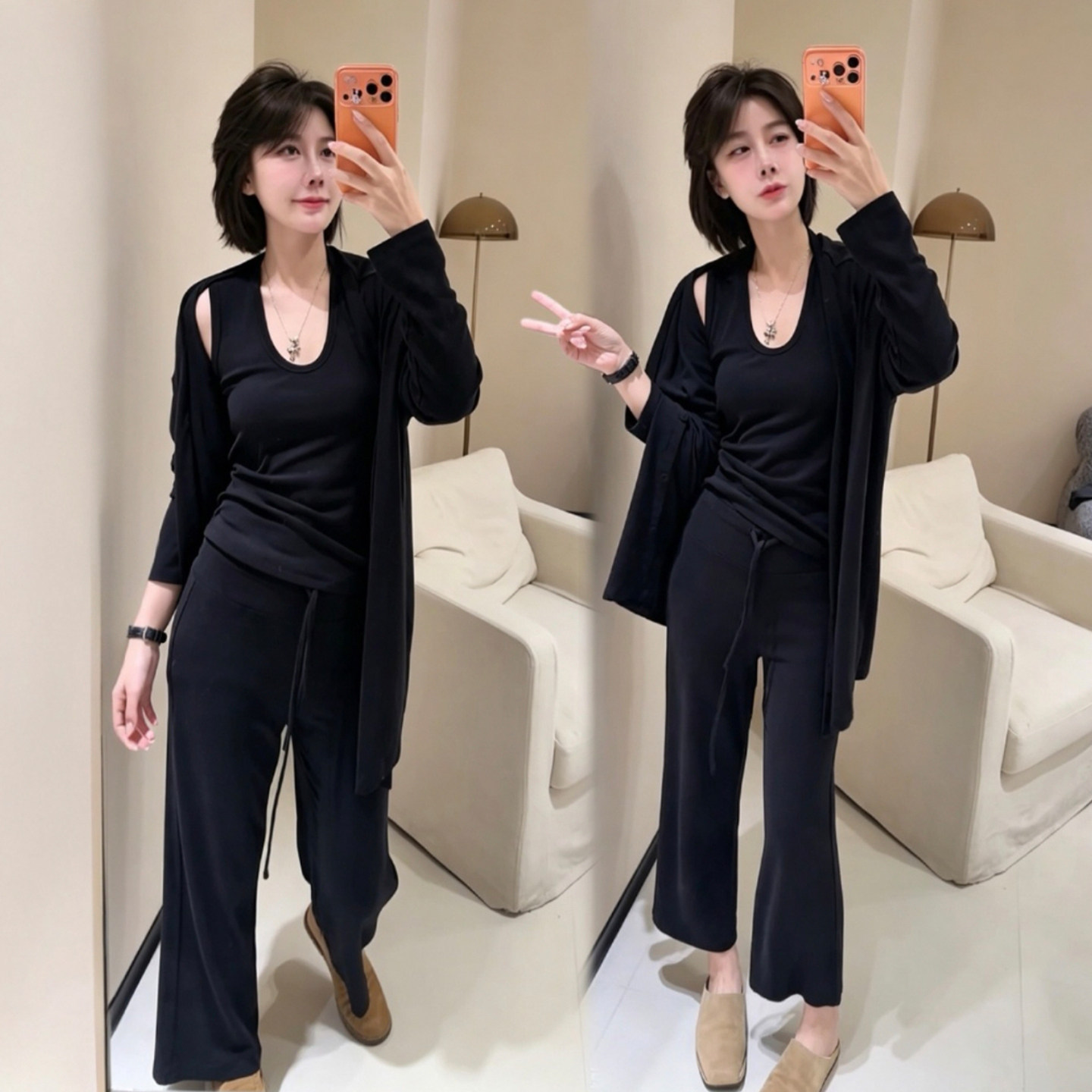 欧货简约纯色三件套女2026秋季新款休闲显瘦背心开衫+直筒九分裤