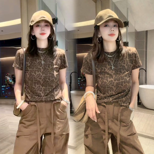 复古豹纹短袖T恤女欧货2026新款圆领时尚百搭显瘦打底衫半袖上衣