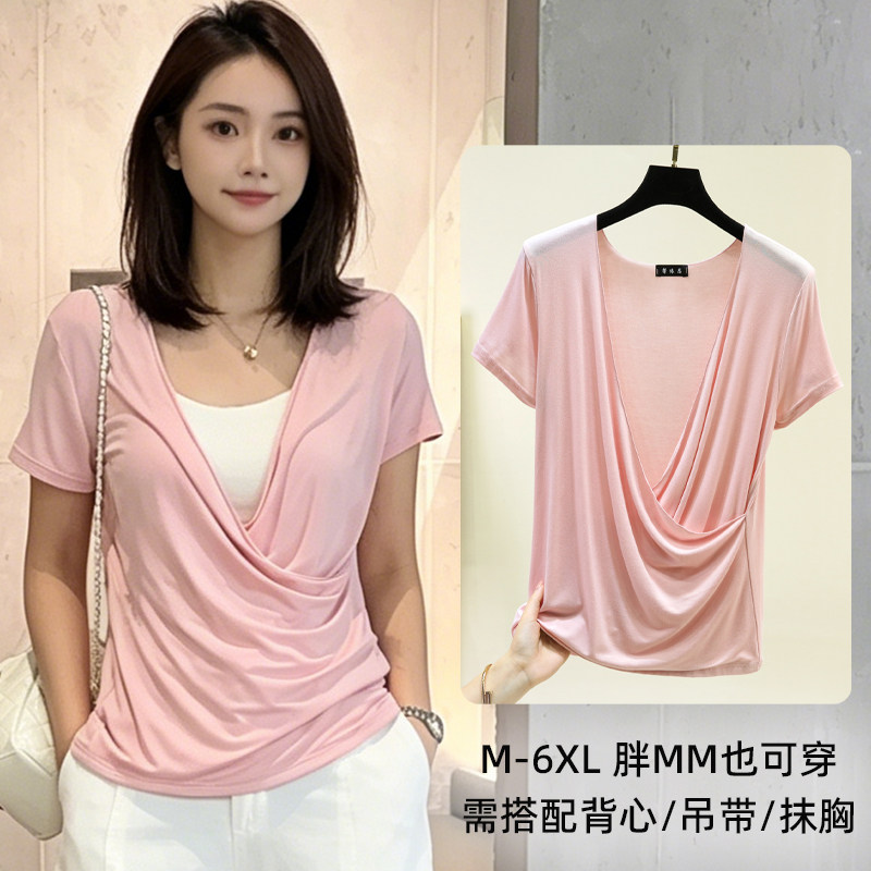 莫代尔深V交叉荡领短袖T恤女夏薄