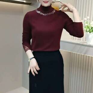 酒红色重工烫钻半高领打底衫女新款秋冬德绒蕾丝长袖减龄妈妈上衣