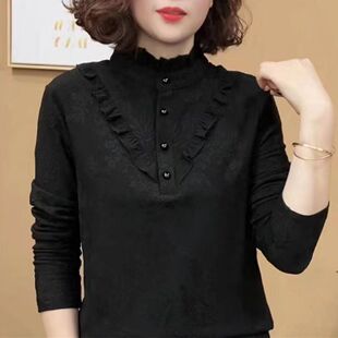 春秋冬款打底衫女新款木耳领重工钉珠长袖妈妈上衣澳绒保暖衫