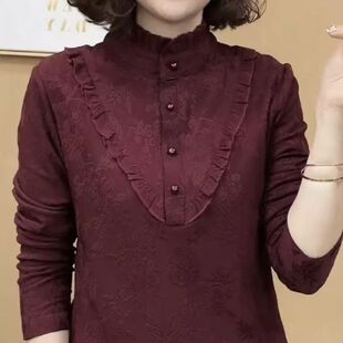 妈妈装秋冬款木耳领打底衫女新款重工钉珠扣子长袖上衣澳绒保暖衫