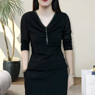 长袖 女烫砖时尚 洋气百搭显瘦宽松T恤上衣 V领高级打底小衫 春秋新款