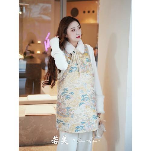 若芙｜【花舟】新中式织锦拼接水貂毛水墨画高定马甲裙