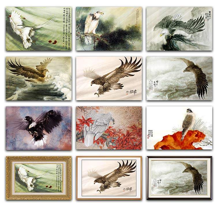 新中式大鹏展翅画芯国画老鹰书房办公室客厅沙发背景墙自粘装饰画