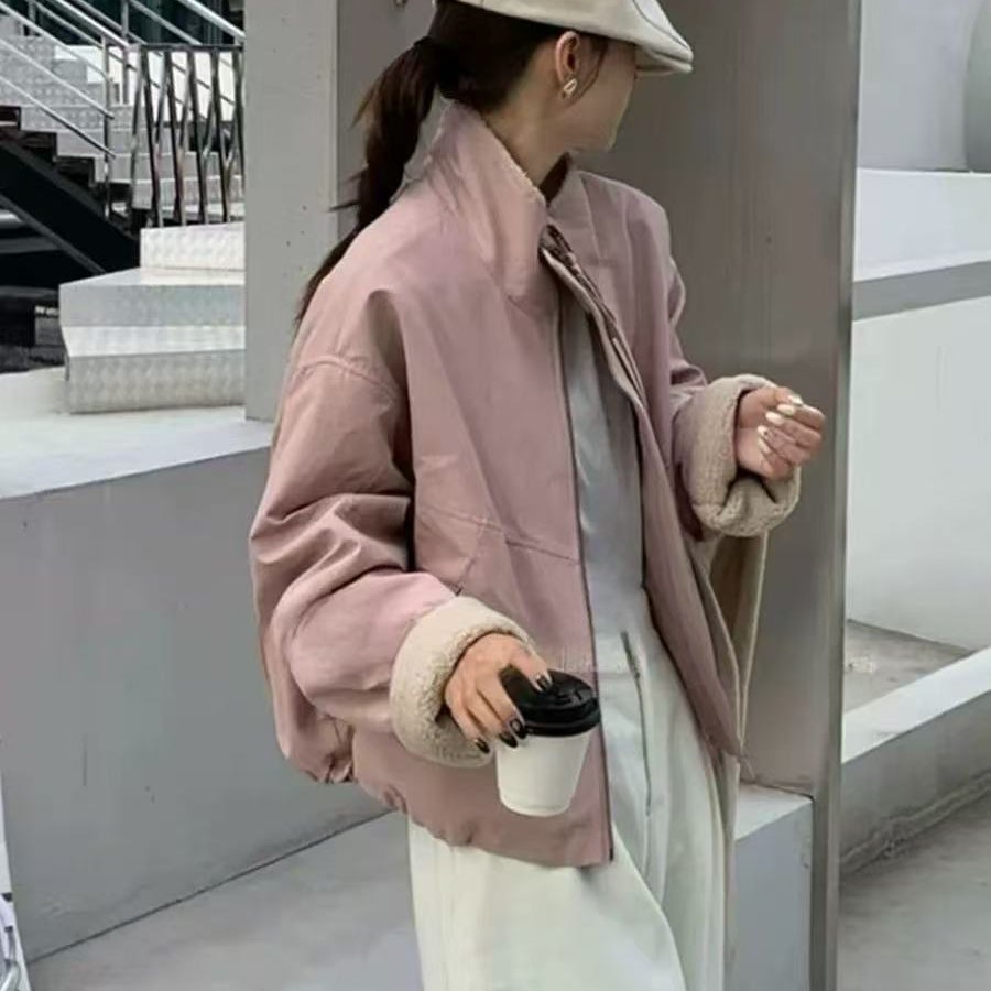 韩系加绒立领羊羔毛短款