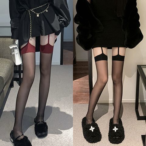【性感女神】黑丝吊带袜一体红色情调过膝春夏纯欲诱惑女