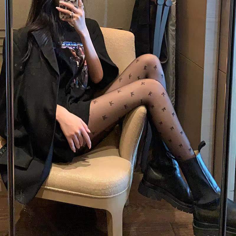 日系蝴蝶结连脚打底裤性感纯欲丝袜女薄款防勾jk长筒袜黑丝
