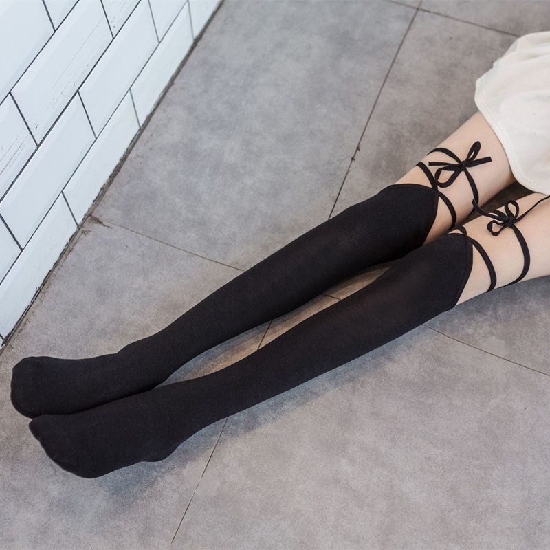 黑色交叉绑带大腿袜纯欲风袜子jk高筒薄款学院风过膝袜女夏黑丝袜