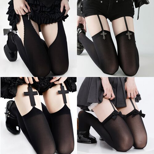 亚文化辣妹十字架天鹅绒吊带袜纯欲y2k千禧风过膝袜蝴蝶结长筒袜