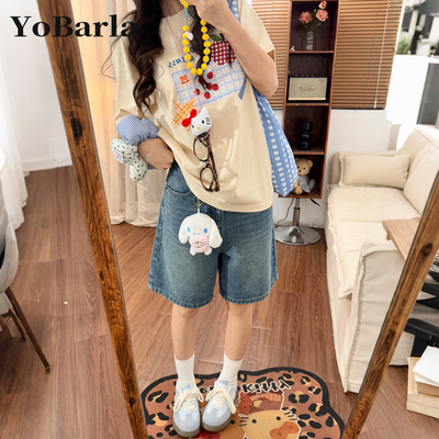 蓝色牛仔短裤女高腰梨形身材夏