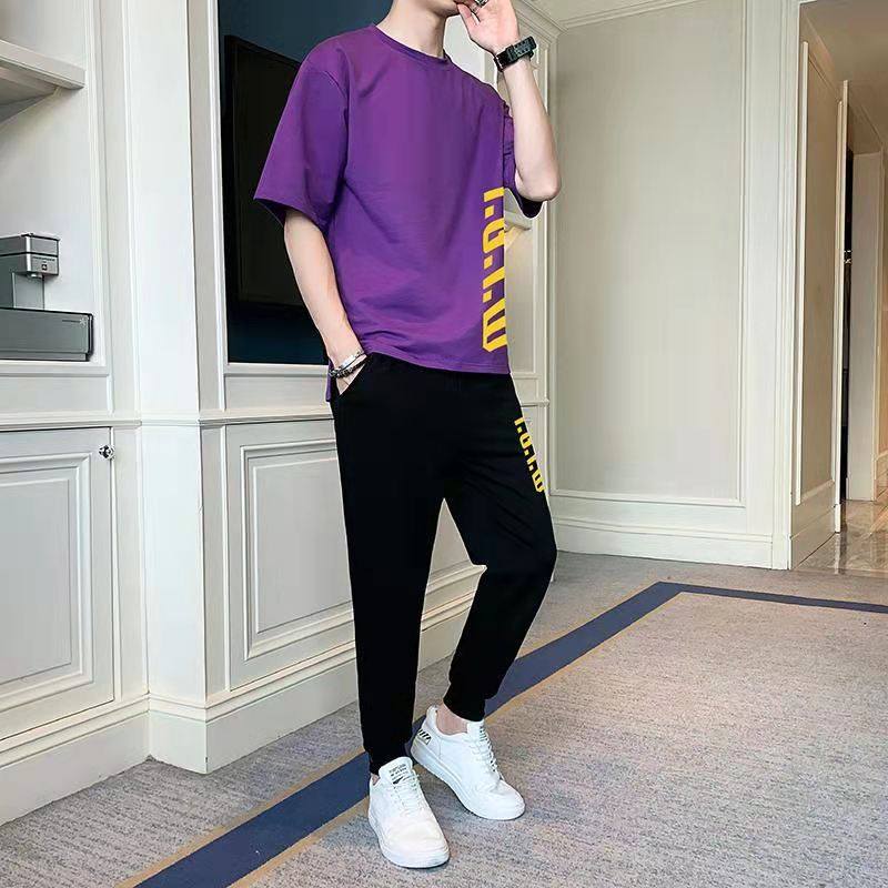 男士夏季短袖t恤一套装韩版潮流圆领男装运动休闲帅气短裤子夏装