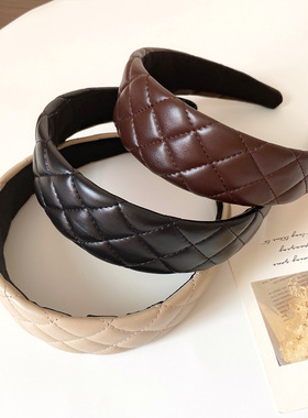 韩版新款pu皮质网格发箍宽边皮革发卡简约压发复古高级感头箍发饰