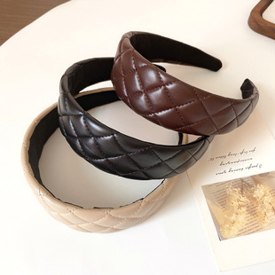 韩版 pu皮质网格发箍宽边皮革发卡简约压发复古高级感头箍发饰 新款