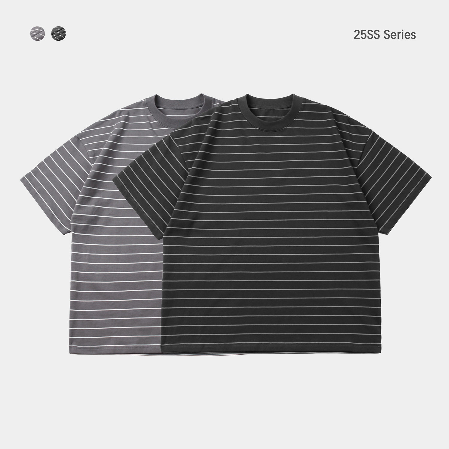 休闲双纱宽松型圆领条纹短袖宽松廓形落肩五分袖T恤男