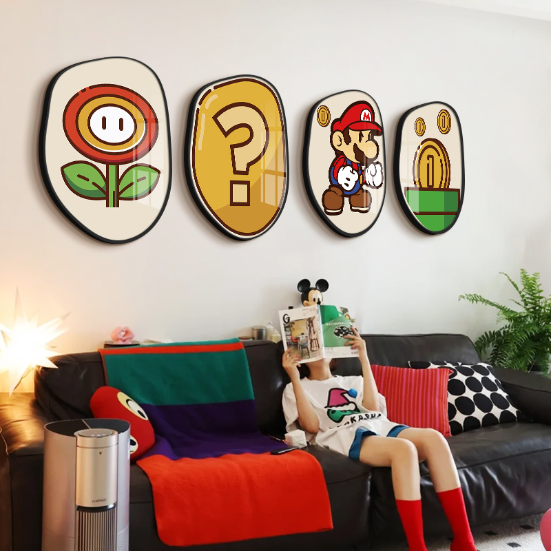 多巴胺客厅装饰画马里奥卧室儿童房壁画奶油风卡通沙发背景墙挂画