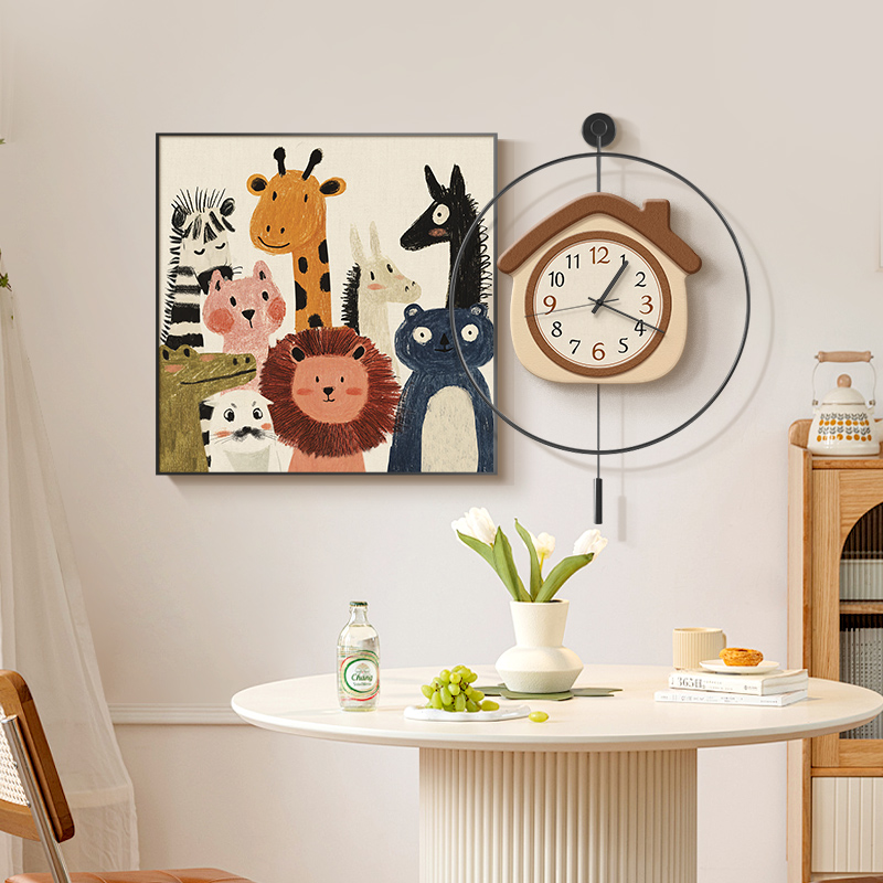 2025新款餐厅装饰画时钟挂墙可爱卡通儿童房挂画钟表挂钟客厅壁画