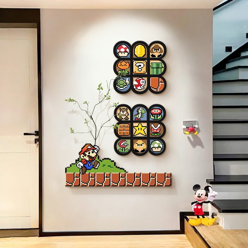 多巴胺马里奥玄关装饰画入户正对门壁画创意卡通走廊过道尽头挂画图片