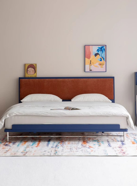 北欧深蓝色双人床樱桃木实木床小户型卧室家用1.8米靠背软包大床