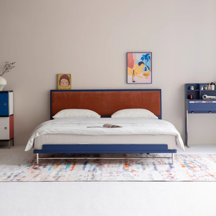 北欧深蓝色双人床樱桃木实木床小户型卧室家用1.8米靠背软包大床